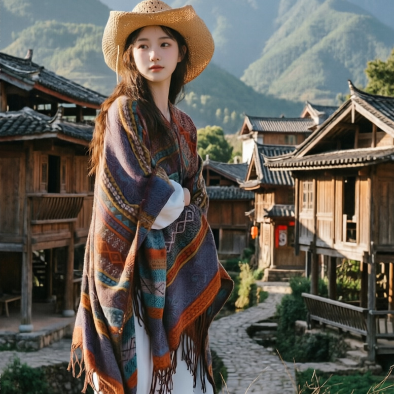 Retro Xinjiang Yunnan Vacation Shawl, Warm Ethnic Style Jacquard Outerwear Cape, Travel Photography Outfit, Beautiful Scarf