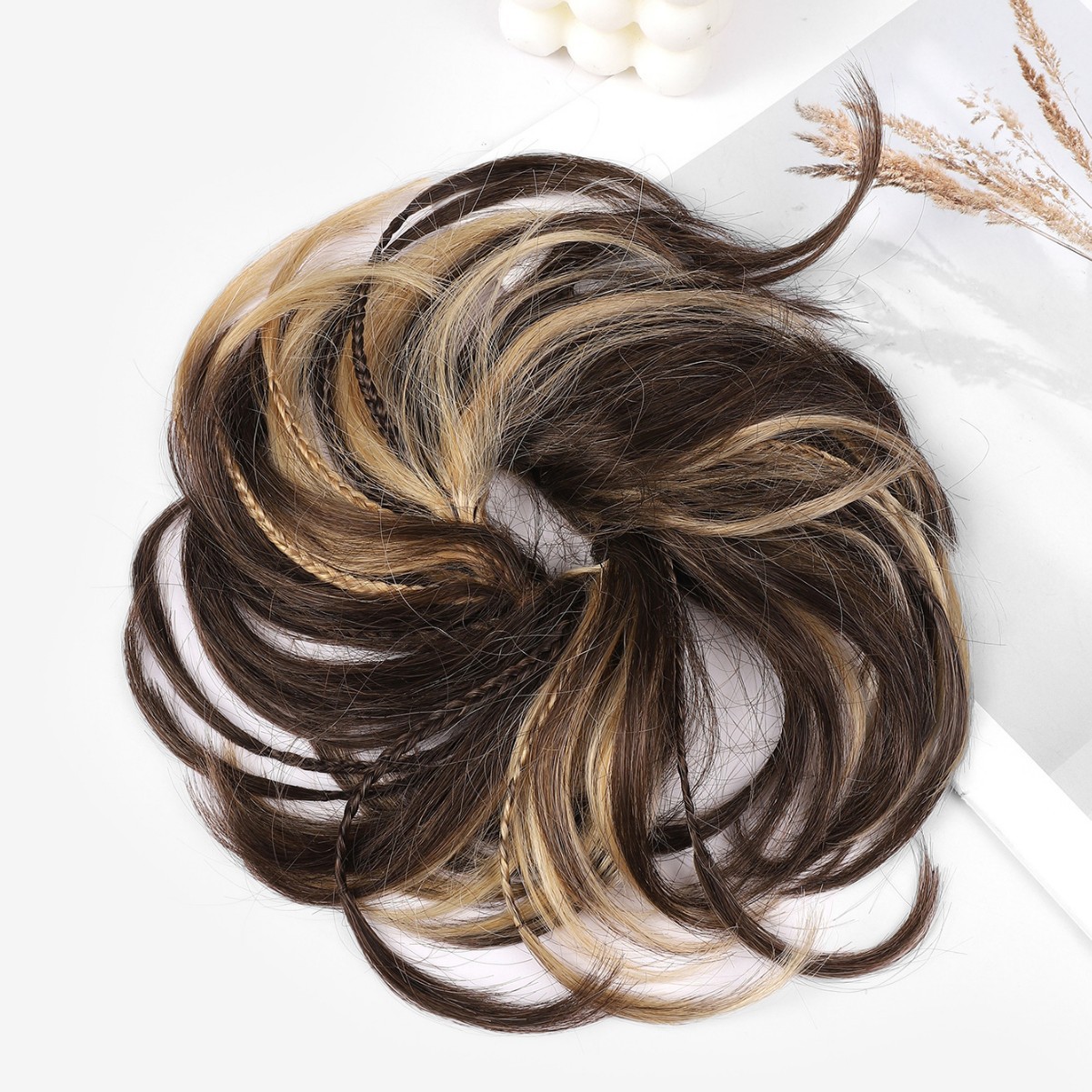 Cauda de caballo rizado brote de flores bola cabeza pelucas anillo natural esponjoso barba rizado anillo perezoso rizado pelucas bolsa de cabello