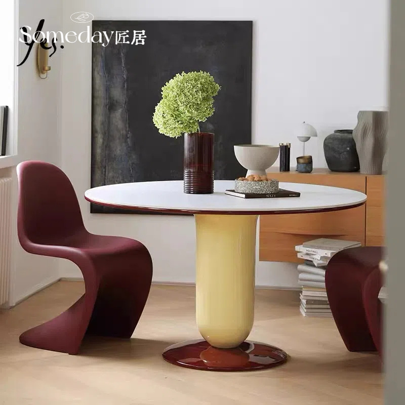 Nordic Solid Wood Round Dining Table and Chair Set, Simple Design for Small Apartments, Designer Piano Lacquer Rectangular Dining Table with Stone Top