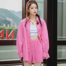 粉色甜美宽松中长款衬衫上衣高腰短裤时尚休闲套装女夏款两件套