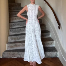 欧美跨境2025春夏女装连衣裙气质优雅无袖高领复古蕾丝礼服连衣裙