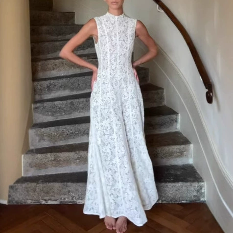 Европейское и американское трансграничное 2025 весеннее и летнее женское платье темпераментный элегантный без рукавов с высоким вырезом ретро кружевное платье платье