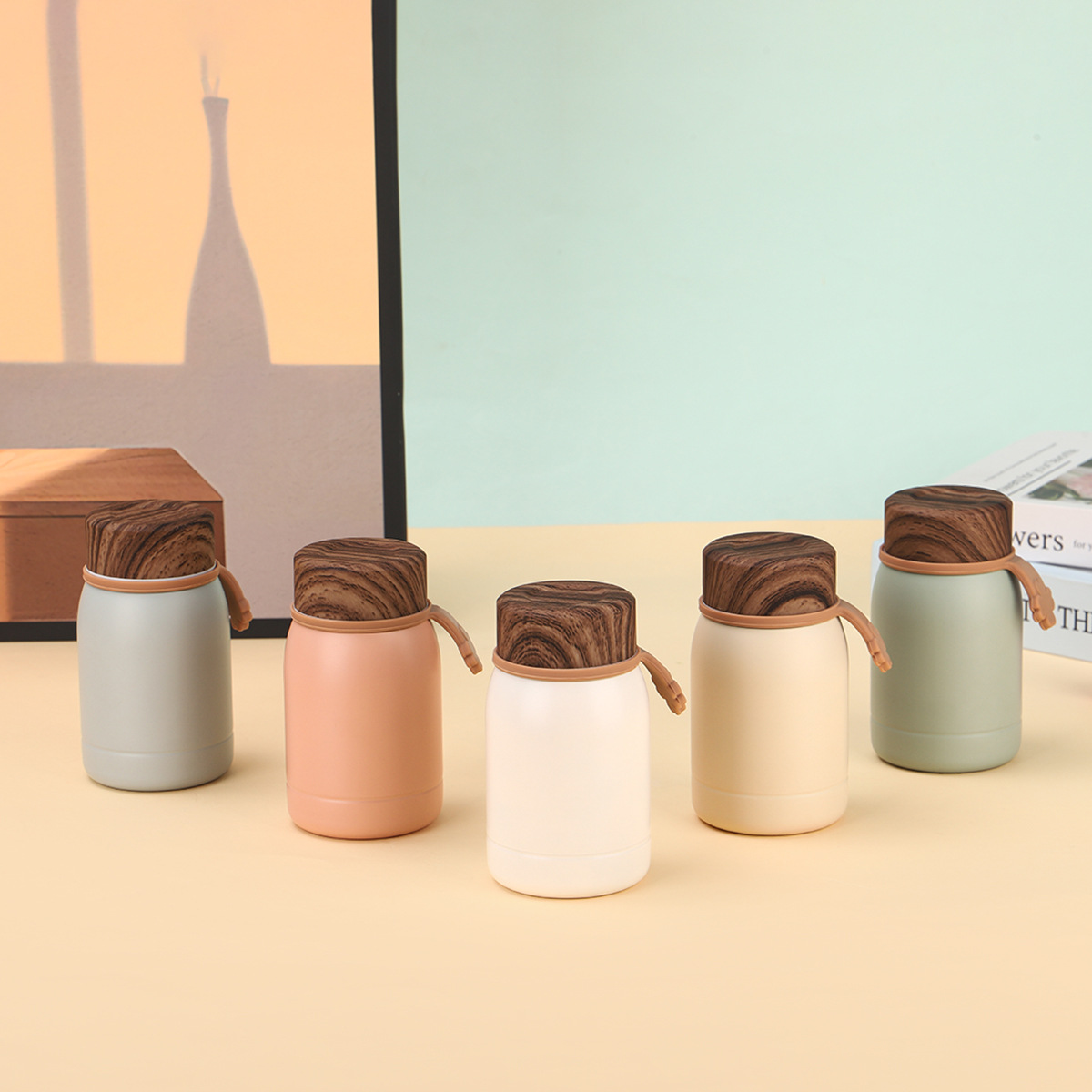 Creative Stylish Wood Grain Lid Mini Pocket 304 Stainless Steel Insulated Cup For Students, Compact And Portable_voghion.com