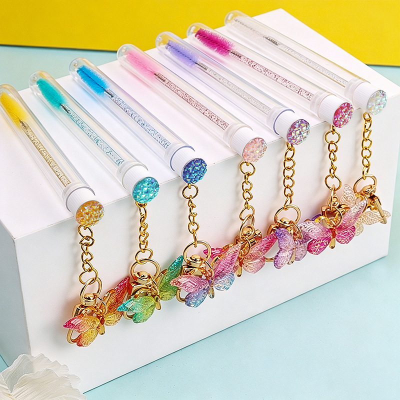 Wholesale disposable tube eyelash brushes, butterfly-shaped with rhinestones and keychain, crystal rod eyelash brushes for eyelash extensions