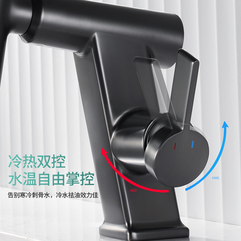 Baño uno por uno, pistola de trefilado de cobre, grifo de lavabo gris, lavabo bajo de lujo ligero, grifo de agua fría y caliente