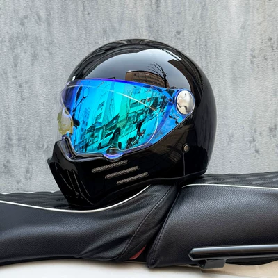 3C Certified Retro Motorcycle Helmet for – Motosiklet kaskı (dəbilqə) - bright-black-with-colorful-blue-mirror-night-vision-available-transparent-mirror-included-m