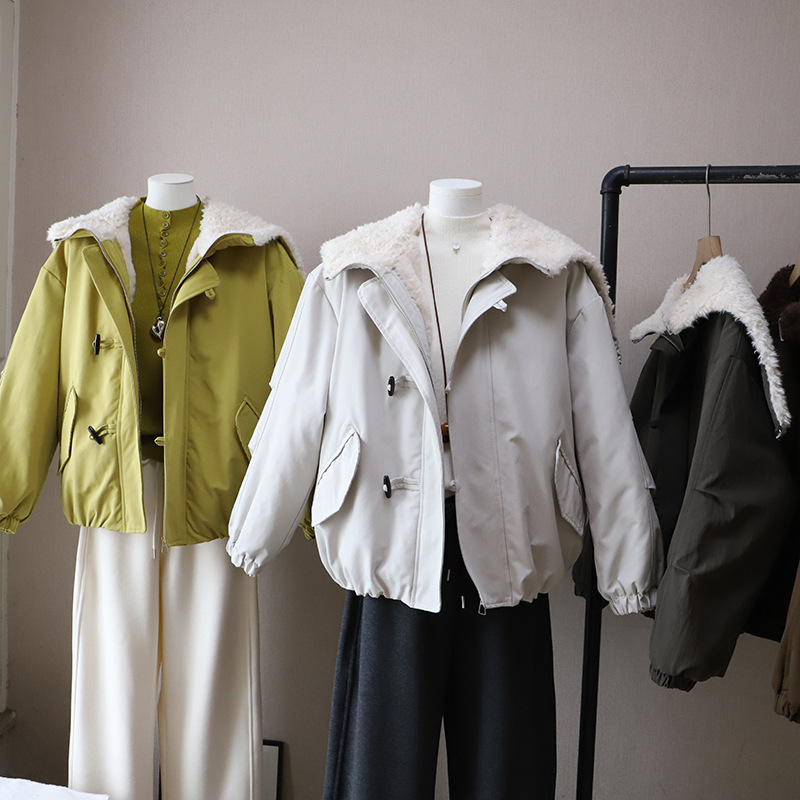 [比正]2025冬季新韩版羊羔大翻领加厚保暖休闲派克棉服外套女5493