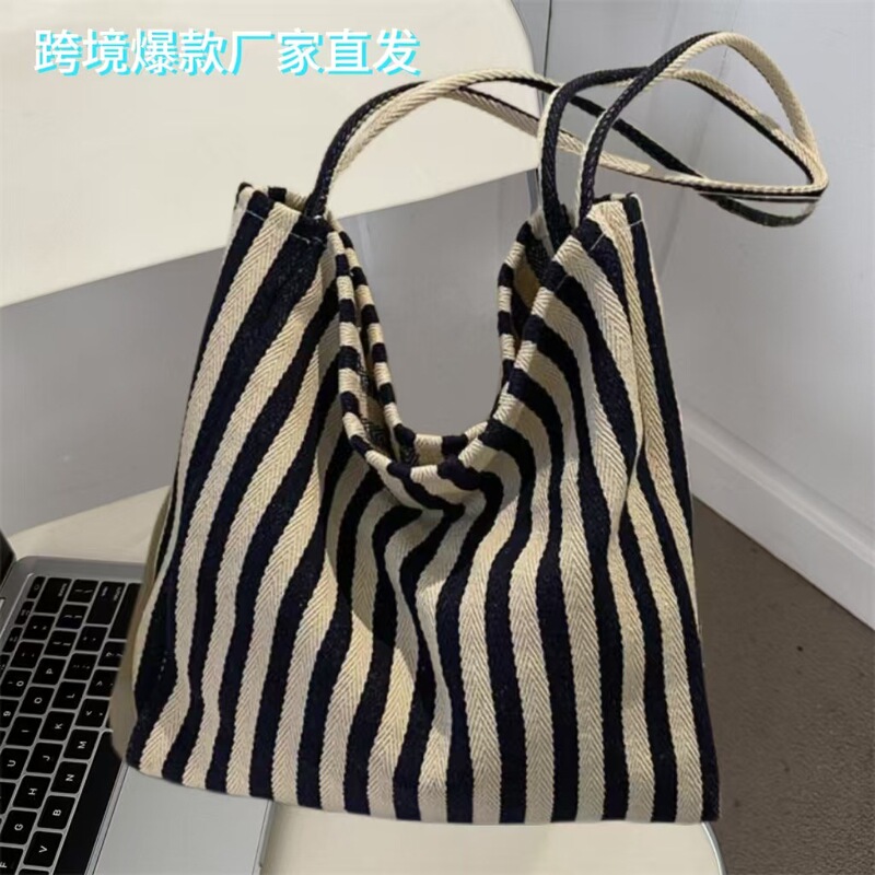 Large Capacity Simple Striped Canvas Bag Women's Ins Artistic Lazy Style Spring and Summer Shopping Bag Handbag Single Shoulder Large Bag