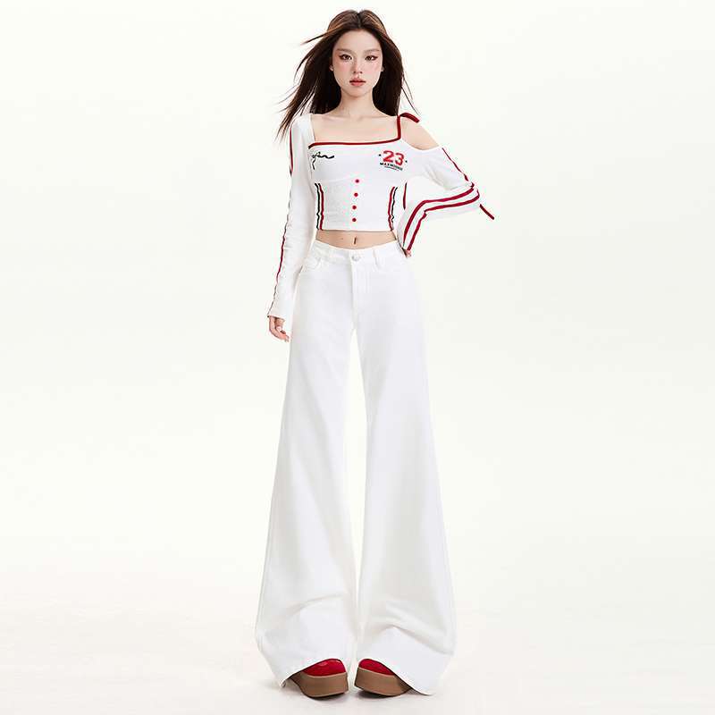White Flared Jeans for Women, Low-Waisted Pants, Slimming Floor-Length Pants, Light Blue and Black, Dropshipping