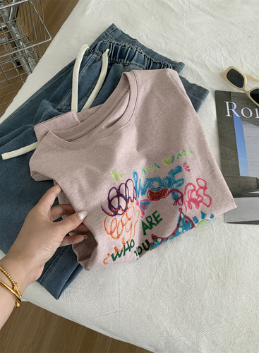 Designer Gray Pink Gingham Pure Cotton T-shirt for Women, Youthful Korean Style Loose Round Neck Color Point Cartoon Print Short Sleeve Top for Summer