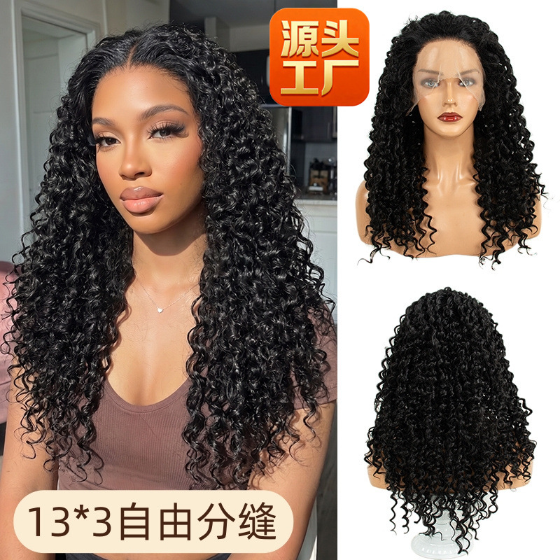 Amazon Tiktok List European, American, African Half-Hand-Crocheted 13*3 Black Deep Wave Full Lace Wig Lacewig