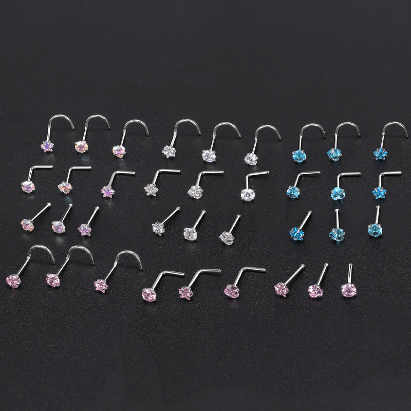 European American Classic Stainless Steel Zircon Nose Nail Star Right Angle Titanium Steel Nose Piercing Jewelry detail image 7