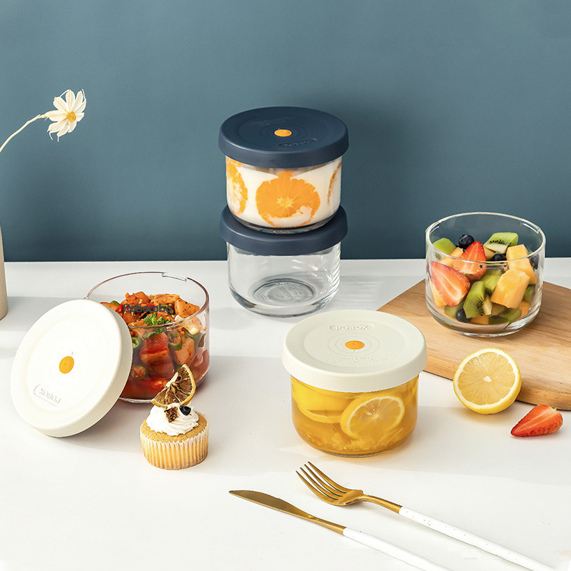 Sealed round glass fresh-keeping bowl refrigerator stackable wide mouth with lid picnic box fruit Bento baby food supplement box