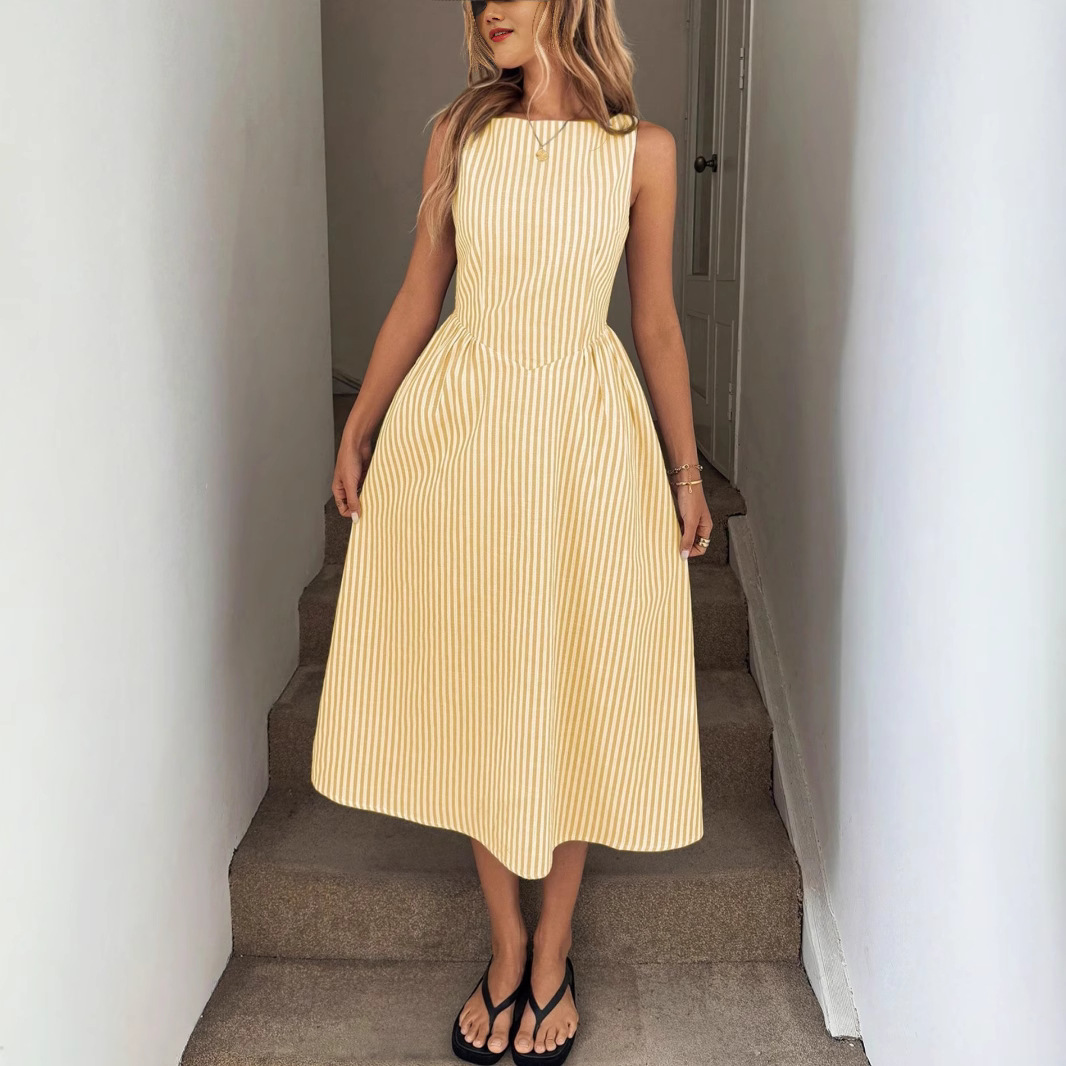 2025 Spring/Summer Amazon Foreign Trade Vertical Striped Long Dress European and American Women's Casual Sleeveless Pocket Fashion Dress