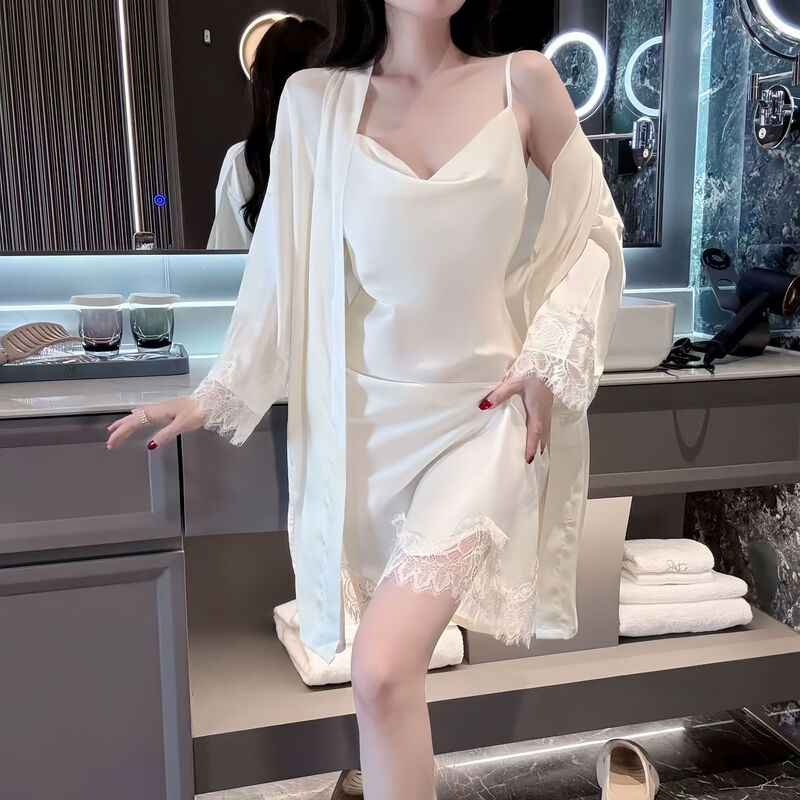 Plus-Size Ice Silk Pajamas for Women, Spring and Summer Camisole with Chest Pad, Mid-Length Nightdress Cardigan Two-Piece Set with Elegant Style