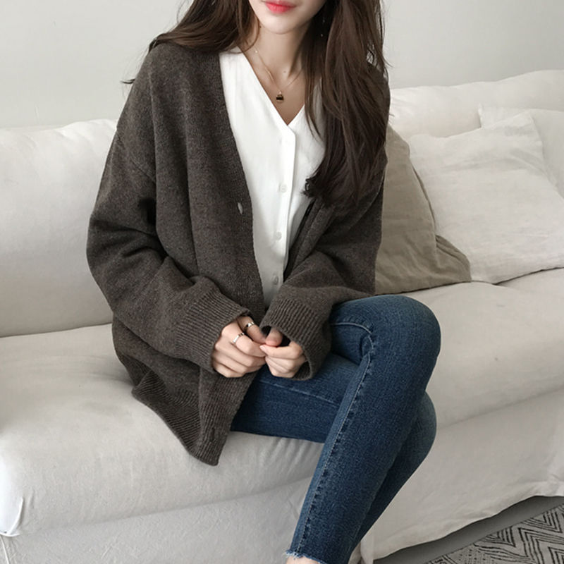 网红慵懒风外套女毛衣女开衫潮学院风秋冬新款韩版宽松v领针织衫|undefined