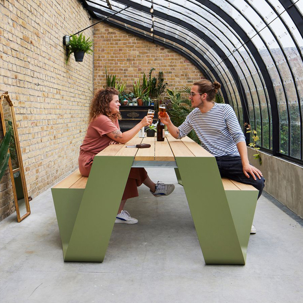 Outdoor table and chair set, integrated bench, courtyard restaurant, caf&eacute;, leisure, open-air courtyard, stainless steel outdoor furniture combination