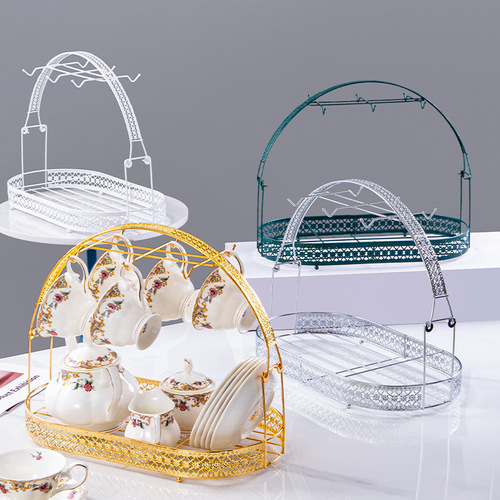 Household Western-style tea cup coffee cup creative carved drain cup iron stand tea set storage tray storage rack