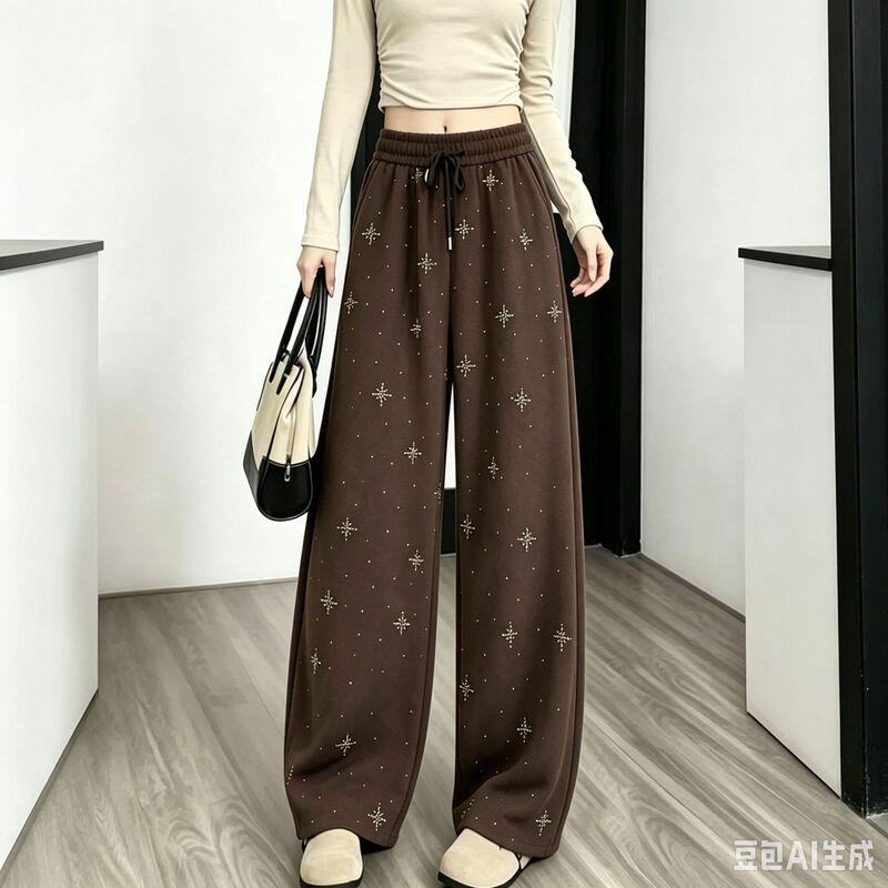 2026 New Snowflake Rhinestone Curved Hem Pants for Women, Autumn Casual Straight Pants, High-Waisted Slimming Sports Trousers for Petite Women
