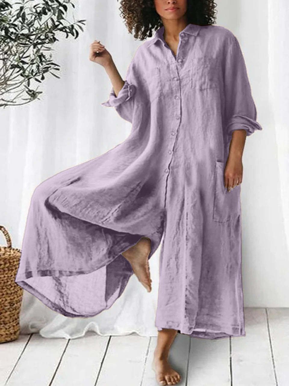 Women's Solid Color Casual Long Sleeved Jumpsuit Mid Length Cotton Linen Blend_ecoleips.com