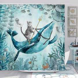 跨境浴帘酷猫骑鲸鱼海洋浴帘数码印花浴室卫生间防水防霉隔断帘