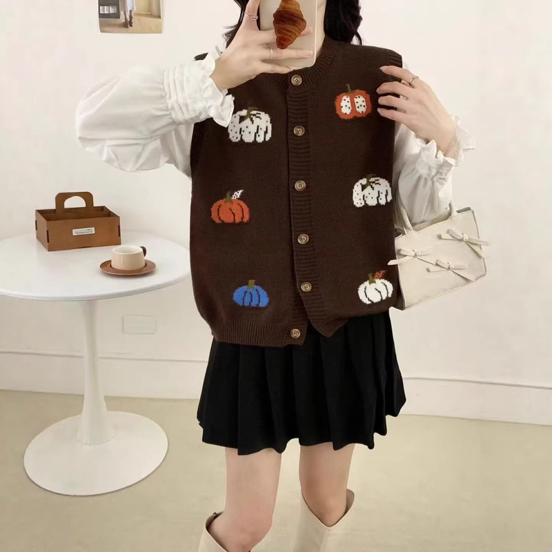2025 New Vintage Style Super Stylish Brown Pumpkin Knit Vest Sweater for Women Autumn Outerwear 2025 New Vintage Style Super Stylish Brown Pumpkin Knit Vest Sweater for Women Autumn Outerwear