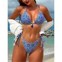 新款分体泳衣女性感蓝白印花挂脖三角杯系带比基尼高腰跨境泳衣女