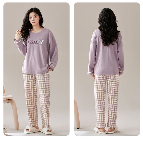 Round collar pullover pajamas, women's spring and autumn style, chest pad, no-wear underwear, long-sleeved home wear, anti-protruding points, can be worn outside for daily life