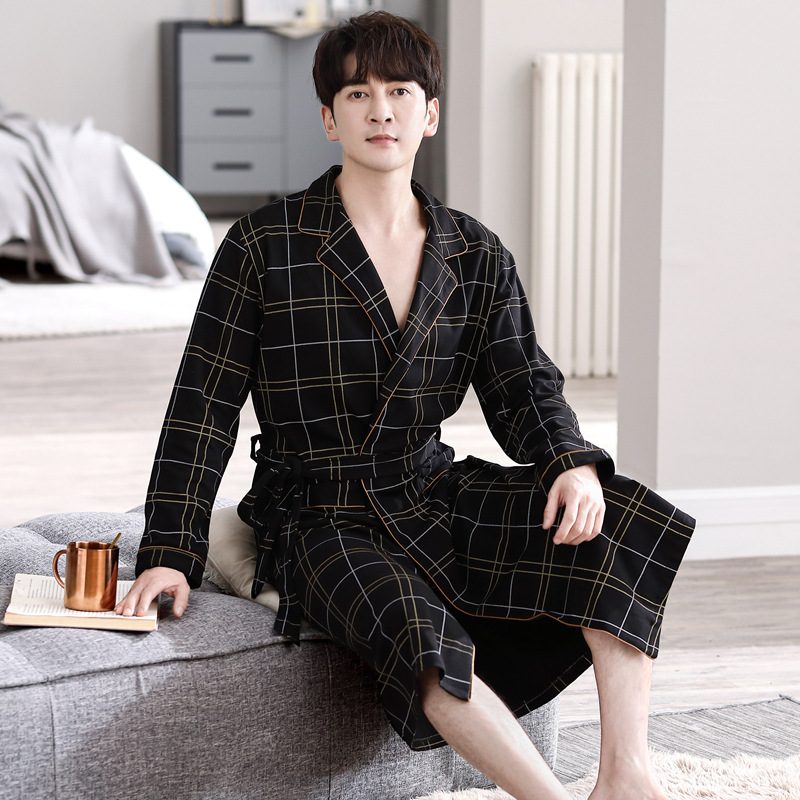 Men's Spring and Autumn Cotton Long-Sleeve Pajama Set Loose Plus Size Open Cardigan Check Mid-Length Robe Homecoming Clothes