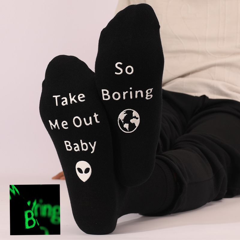Amazon Alien Luminous Socks European and American Foreign Trade Style Sole Glue White Letters Anti-Slip Antibacterial Deodorant