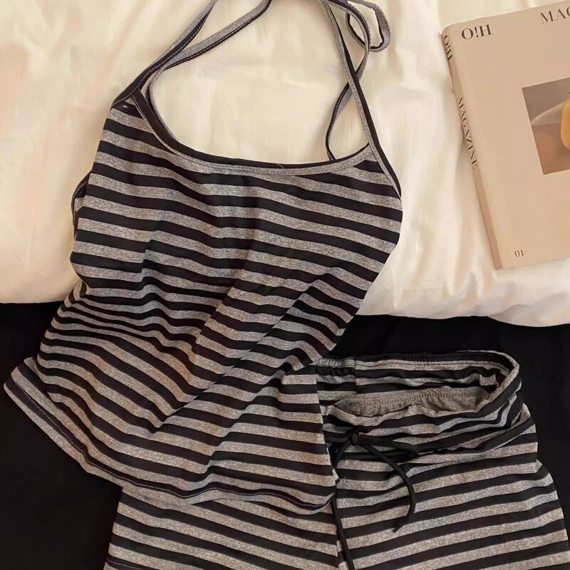 Pajamas for Women, Korean Style Simple Striped Suspenders, Summer Style, Wearable Outside, Vest, Shorts, Home Clothes, Two-Piece Set