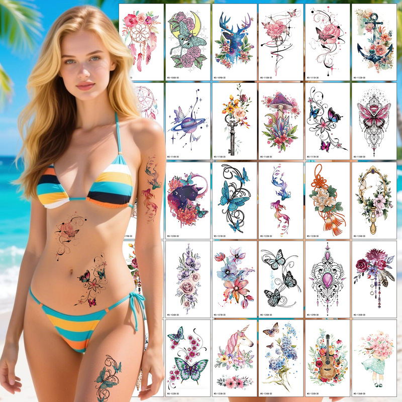 Cross-Border Colorful Flower Butterfly Tattoo Stickers for Women Dream Catcher Small Flower Arm Clavicle Temporary Tattoo Stickers Waterproof and Sweat-Proof