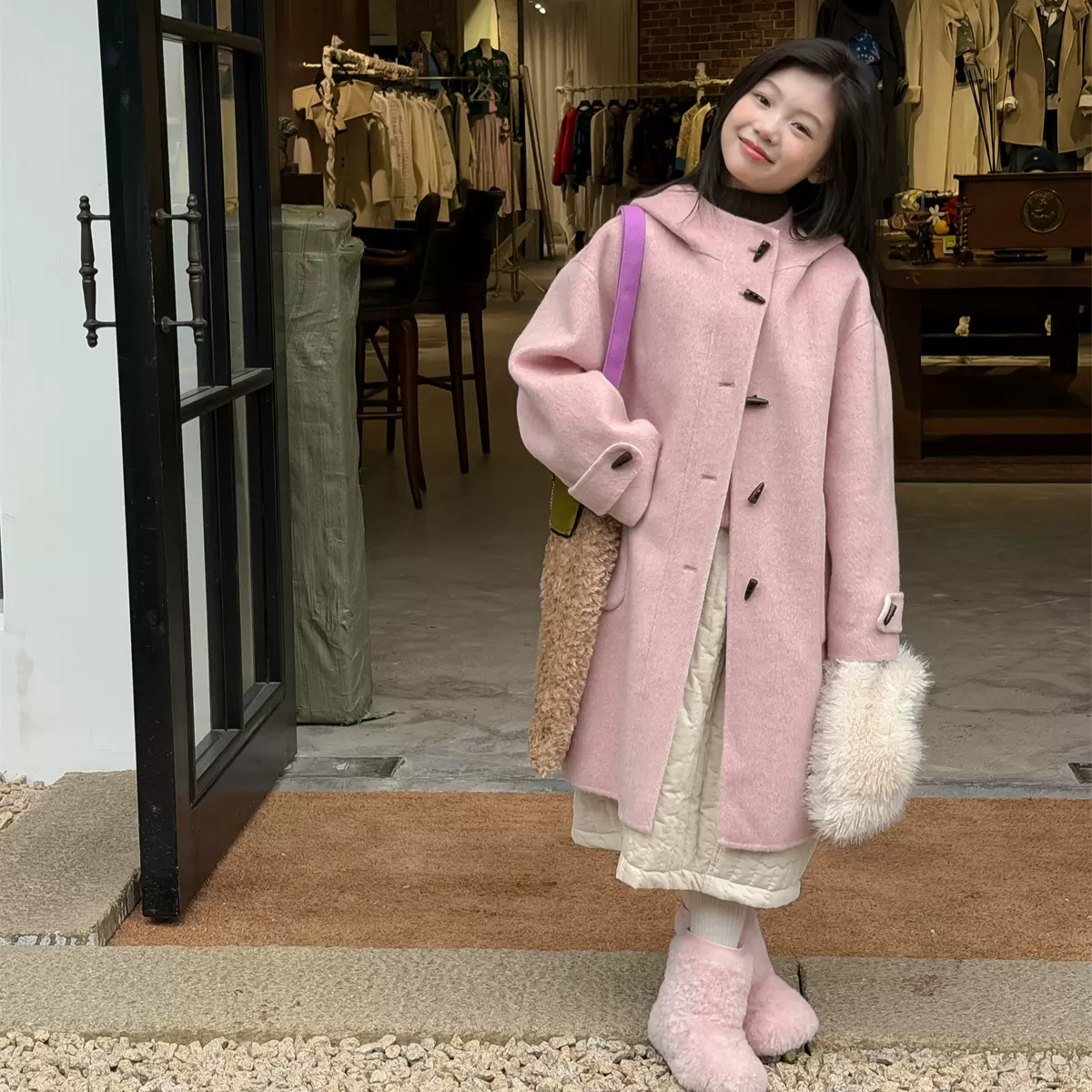 花与寻童装女童大衣2025冬季新款韩版双纱羊毛呢大衣儿童防风保暖