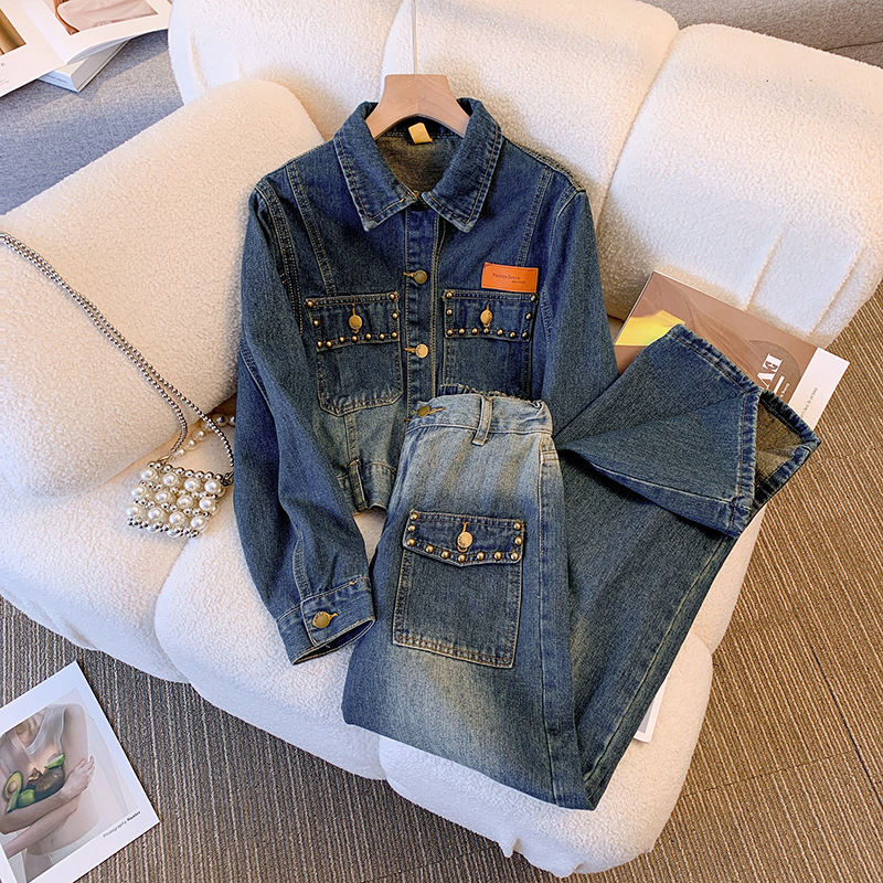 Women's Two-Piece Denim Jacket Set European Style Spring and Autumn 2025 Fashionable Short Straight Wide-Leg Pants Set Women's Two-Piece Denim Jacket Set European Style Spring and Autumn 2025 Fashionable Short Straight Wide-Leg Pants Set