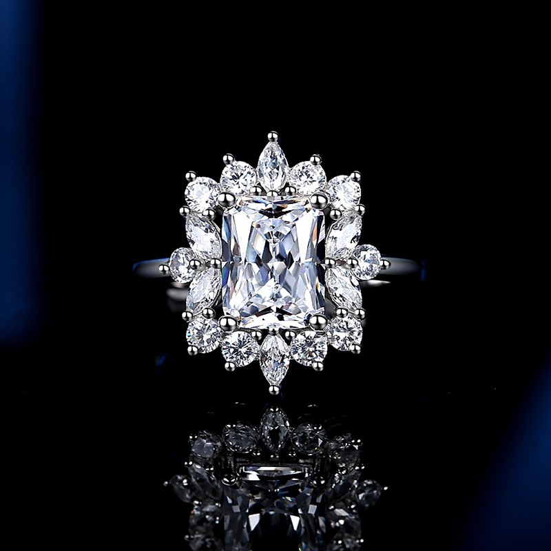 925银戒指女 欧美气质花朵围镶3ct黄色钻 粉色钻戒  厂家一件代发