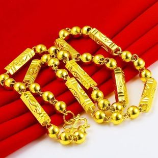 Manufacturer's Sand Gold Light Bead Necklace for Men and Women, Domineering Hexagonal Buddha Beads, Rich Boss Twist Chain, Long-Lasting Color, Direct Sales