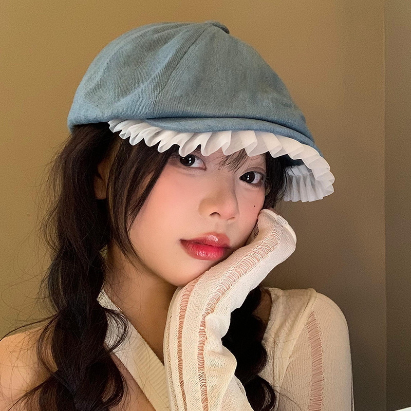 Boina de vaquero de encaje para mujeres primavera y verano estilo japonés retro cara pequeño pintor sombrero versátil gorro de avance