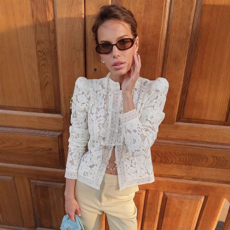 Cross-Border 2025 Autum Lace Crochet Stand-Up Collar Slim Shirt Women's Design Fashionable European and American Elegant Work Clothing