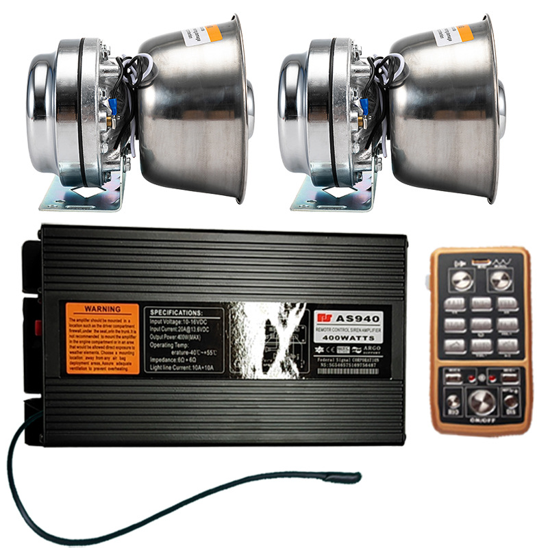 Wireless car alarm system with a 400W high-power loudspeaker, siren, and high-pitched horn, model AS940N, plus a square-shaped speaker with heat dissipation