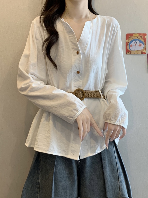 蓝色V领长袖打底衬衫女秋季新款大码胖mm显瘦感系带收腰上衣|undefined