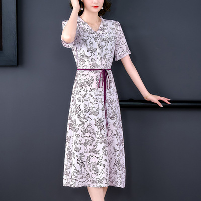 Women's wear 2022 new pattern Summer wear High-end Big Real silk mulberry silk Dress Mid length version Short sleeved printing skirt