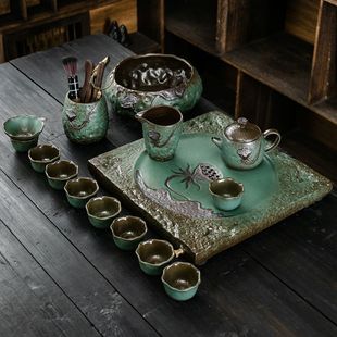 Kiln-Fired Rustic Pottery Kung Fu Tea Set for Home Use, Ceramic Drainage Tea Tray, Office Dry Brewing Tray, Tea Table, Tea Cups, Teapot