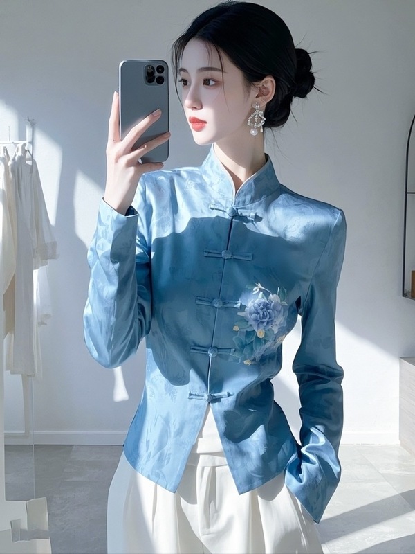 新中式国风女装蓝色立领衬衫女早秋季气质小衫独特漂唐装盘扣上衣|undefined