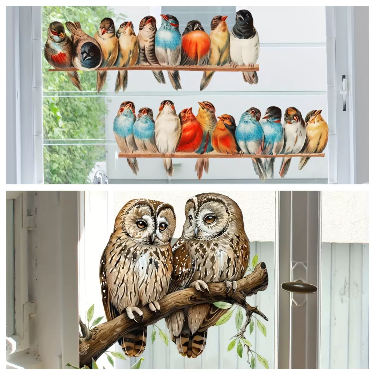 外贸新款树枝猫头鹰七只小鸟卧室办公楼双面可视静电透明玻璃贴