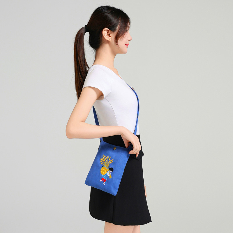 Amazon Cross-border Crossbody Embroidered Mobile Phone Bag Straw Girl Canvas Small Bag Simple Single-body Change Small Cloth Bag