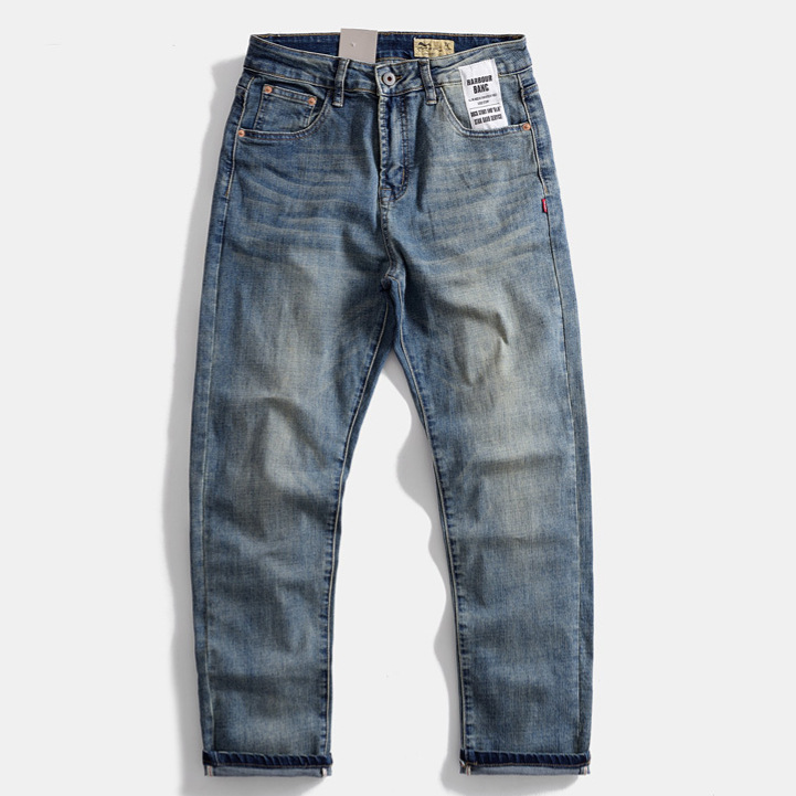 Vintage jeans nostálgicos japoneses elásticos ociosos lavados con agua encajan recto azul americano pantalones de hombre