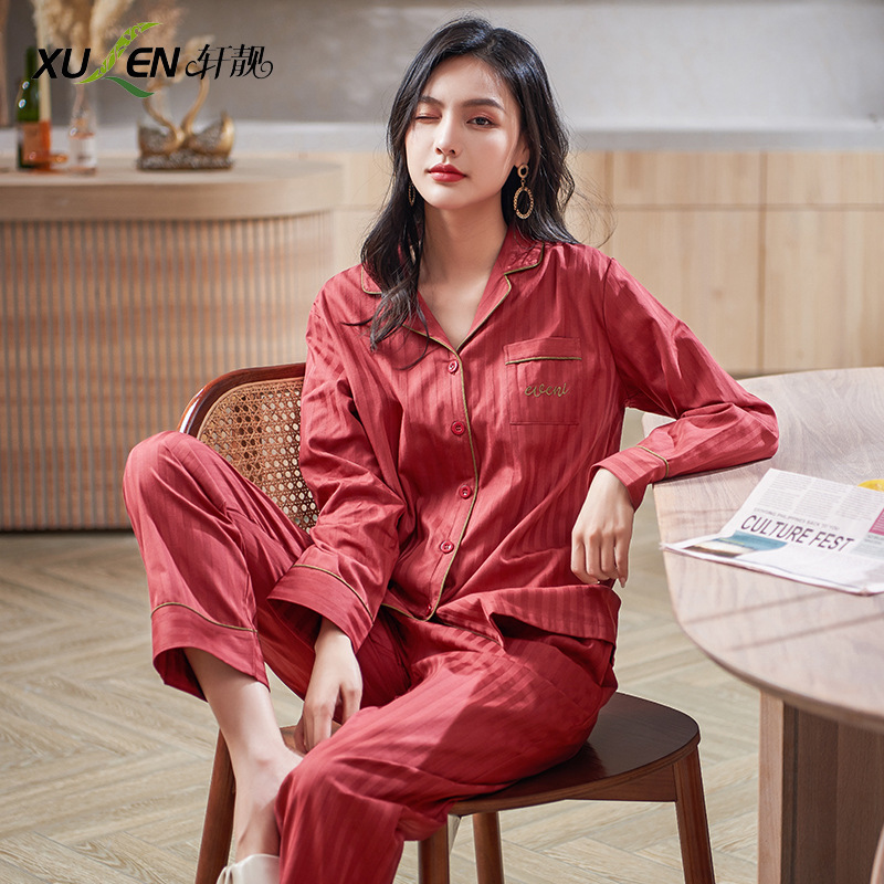 [Estilo del centro comercial] 100% algodón pijamas de las mujeres primavera y otoño delgada manga larga cuatro estaciones desgaste traje