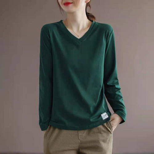 2025 New V-neck Solid Color Versatile Long Sleeve T-shirt for Women Plus Size Loose Slimming Base Shirt Top Trendy