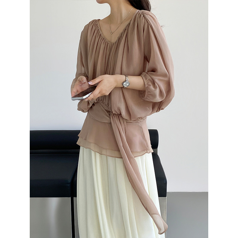 Jiangzuo French-Style Gentle Lace-Up Waist-Cinching Pleated Shirt for Women, Summer Versatile Slim-Fit Elegant Top 1905