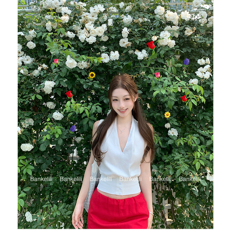 Chestnut Cocoa Bankelili 6.16/20 Points'Summer Bella' 70% Tencel Linen V-Neck Halter Vest